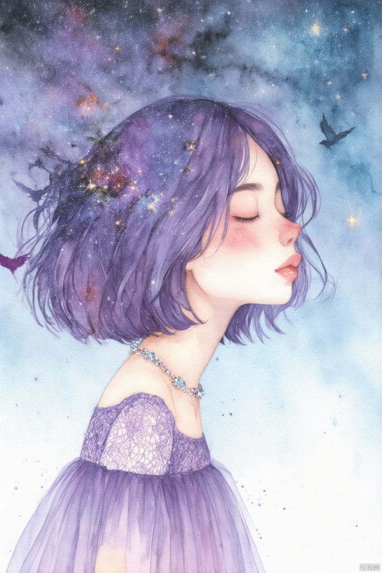 (depth of field:1.25), (blurry, blurry foreground:1.35)//(watercolor \(medium\):1.25), color splashing, fussion of Fluid abstract art,colorful,//flat color, by wlop,(double exposure of girl and universe:1.35),//(from beside:0.85), cowboy shot,(1girl,1girl), closed mouth, closed eyes,solo, liquid starry hair, short purple starry hair,star-shaped hair ornament, liquid starry lace dress tulle skirt,jewelry necklace,//Extremely and detailed Starry sky background,wind,nebula-background,fantastic-wind nebula,in flower blossoms, birds,watercolor

