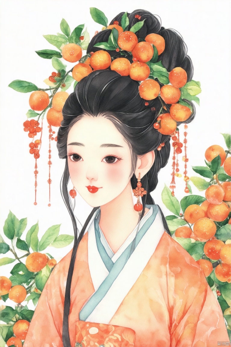 Digital art,Chinese character portrait,brushwork style,girl,black hair,updo hairstyle,orange fruit decoration,traditional clothing,peach color,long-sleeve,white collar,floral pattern,earrings,calm expression,delicate makeup,light background,soft colors,tranquil tone,traditional Chinese art,elegant,serene appearance.,