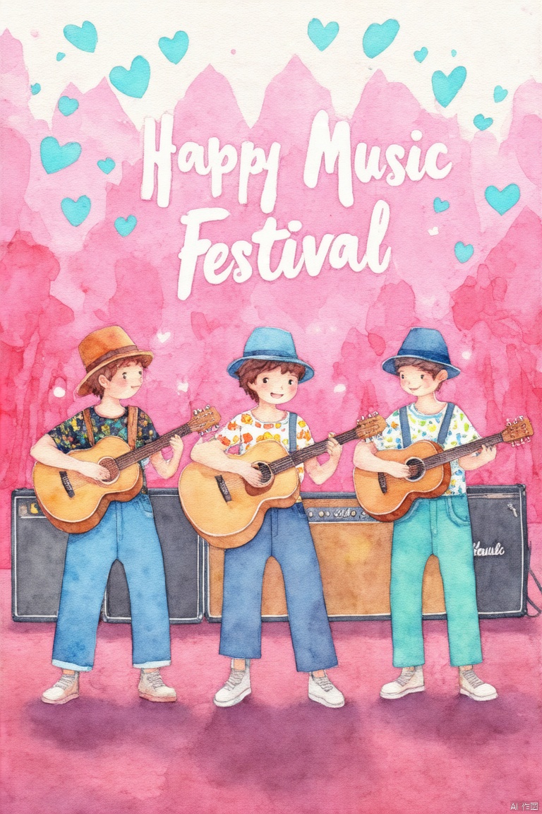 CGArt illustrator,renyu Color spot,renyu Color spot,of a vibrant digital illustration,In this picture, presented in flat style, we are transported into a scene full of energy and musical atmosphere. It was the scene of a music festival, and three young men were strumming their guitars with rapt attention, some in overpants, some in hats, some in printed T-shirts, a gesture of concentration and commitment that filled every note with emotion. They play a beautiful melody together. The background is composed of pink and magenta interwoven color blocks, which are dotted with small cyan hearts, and at the top is the message "Happy Music Festival" written in English white font.
