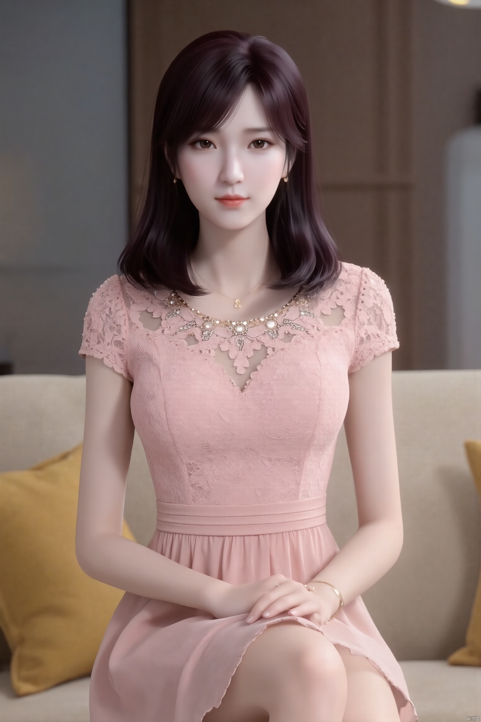 (masterpiece, best quality:1.4),finely detailed,1girl, solo, long hair, breasts, Chiffon lace dress,short sleeves, looking at viewer, black hair, lips,dress, realistic,sitting on the couch,XuXin,