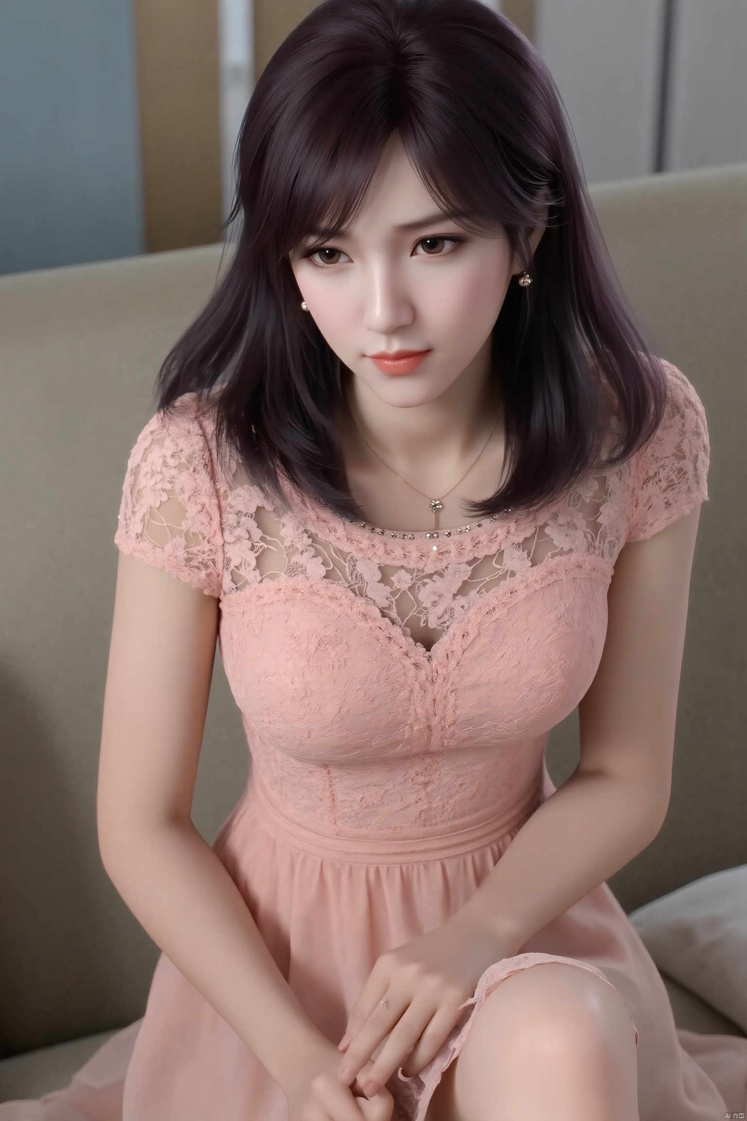 (masterpiece, best quality:1.4),finely detailed,1girl, solo, long hair, breasts, Chiffon lace dress,short sleeves, looking at viewer, black hair, lips,dress, realistic,sitting on the couch,XuXin,