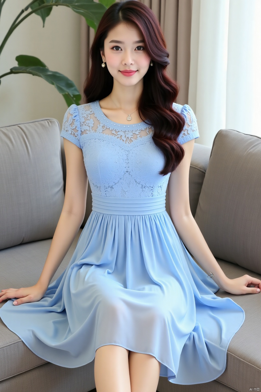 (masterpiece, best quality:1.4),finely detailed,1girl, solo, long hair, breasts, (Chiffon lace dress:1.2),short sleeves, looking at viewer, black hair,ponytail, lips,blue dress, realistic,sitting on the couch,bare feet,