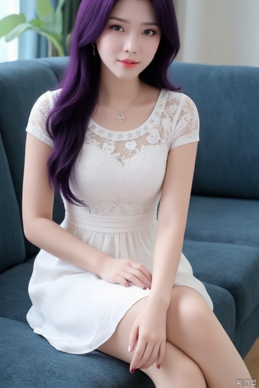 (masterpiece, best quality:1.4),finely detailed,1girl, solo, long hair, breasts, Chiffon lace dress,short sleeves, looking at viewer, purple hair, lips,white dress, realistic,sitting on the couch,YunYun