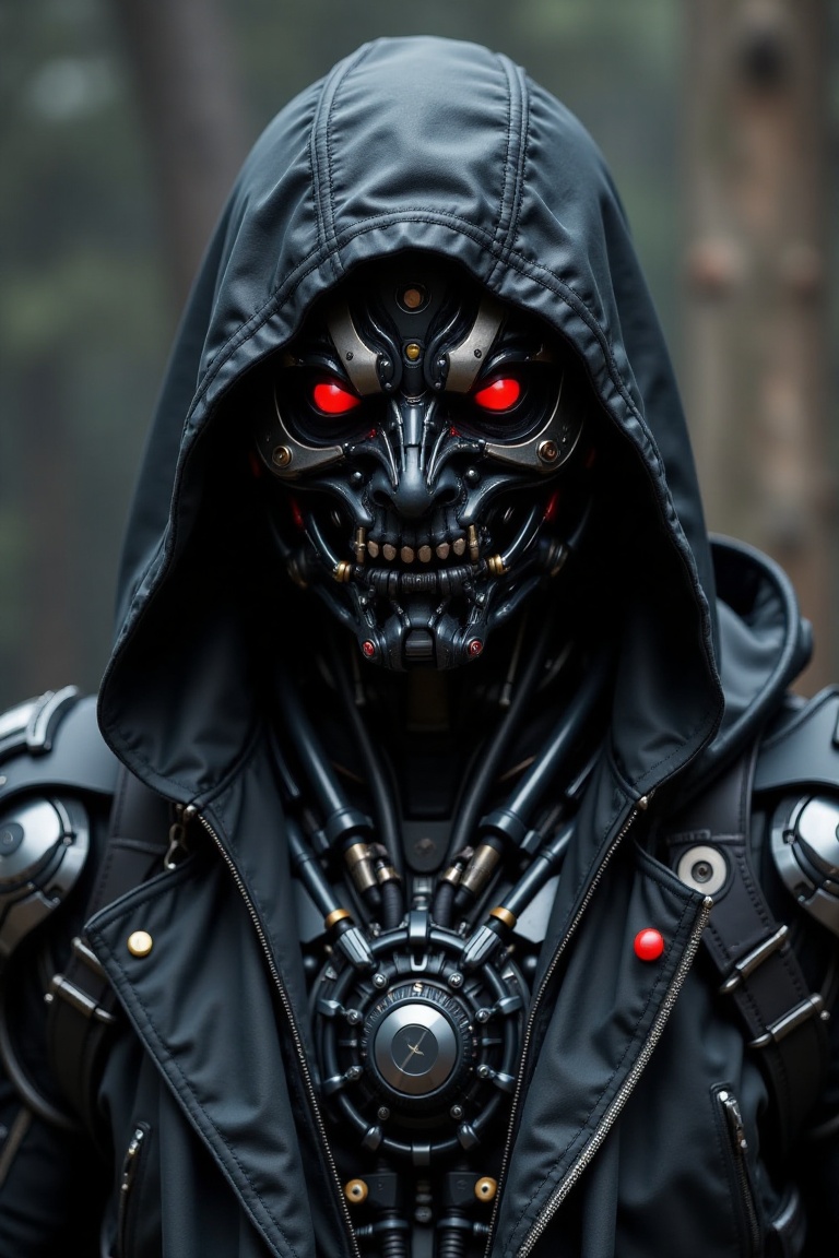 Create an image of a mysterious,  cyberpunk male character wearing a dark hooded cloak. Their face is obscured by a futuri...