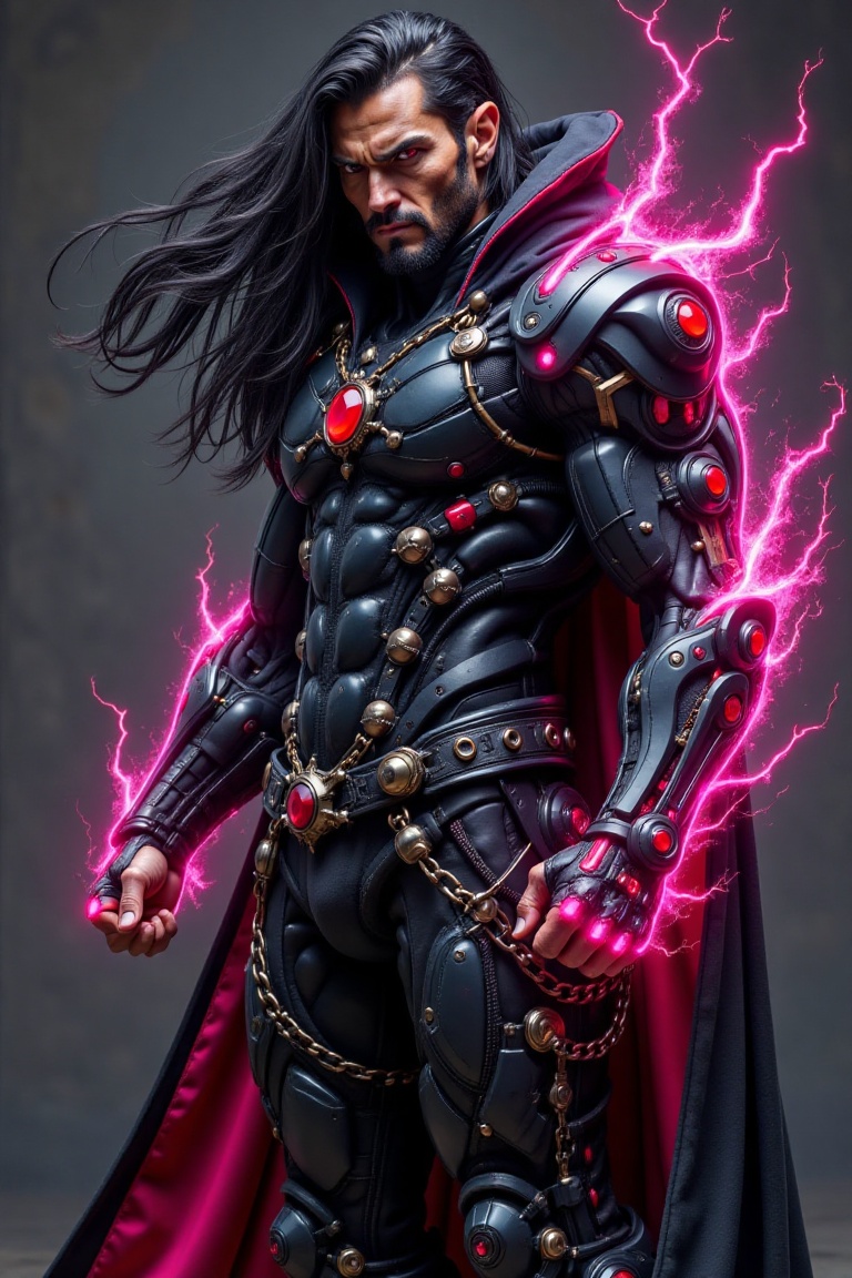 A powerful dark warrior stands tall against a shadowy backdrop,  his long black hair flowing with streaks of vivid pink en...