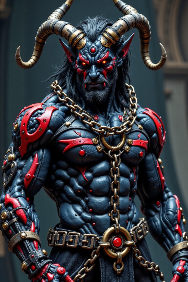The demon is a male figure with a mix of human and demonic features. He has a powerful build and is adorned with intricate...