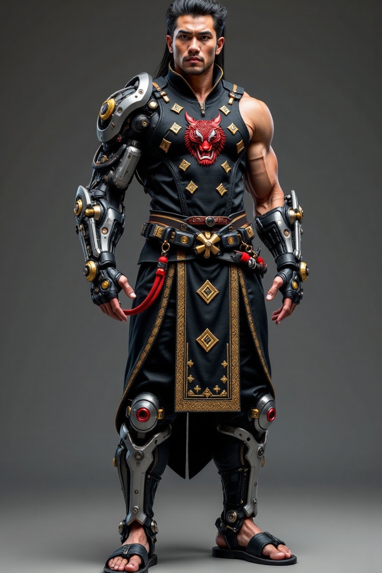 A majestic character donning a stunning skin design,  blending traditional Southeast Asian attire with cybernetic elements...