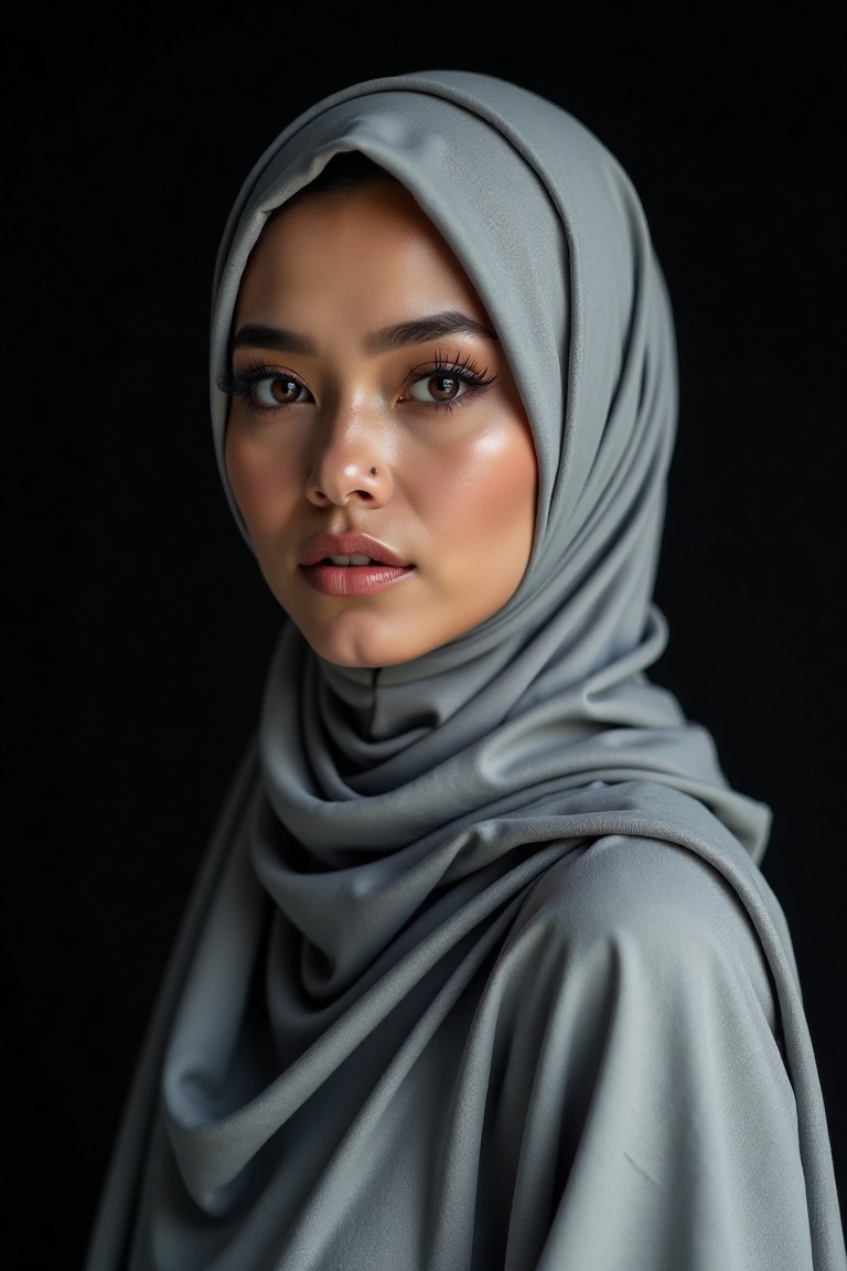 A majestic Malaysian beauty donning a stunning hijab,  posed elegantly against a sleek black background. Soft white lighti...