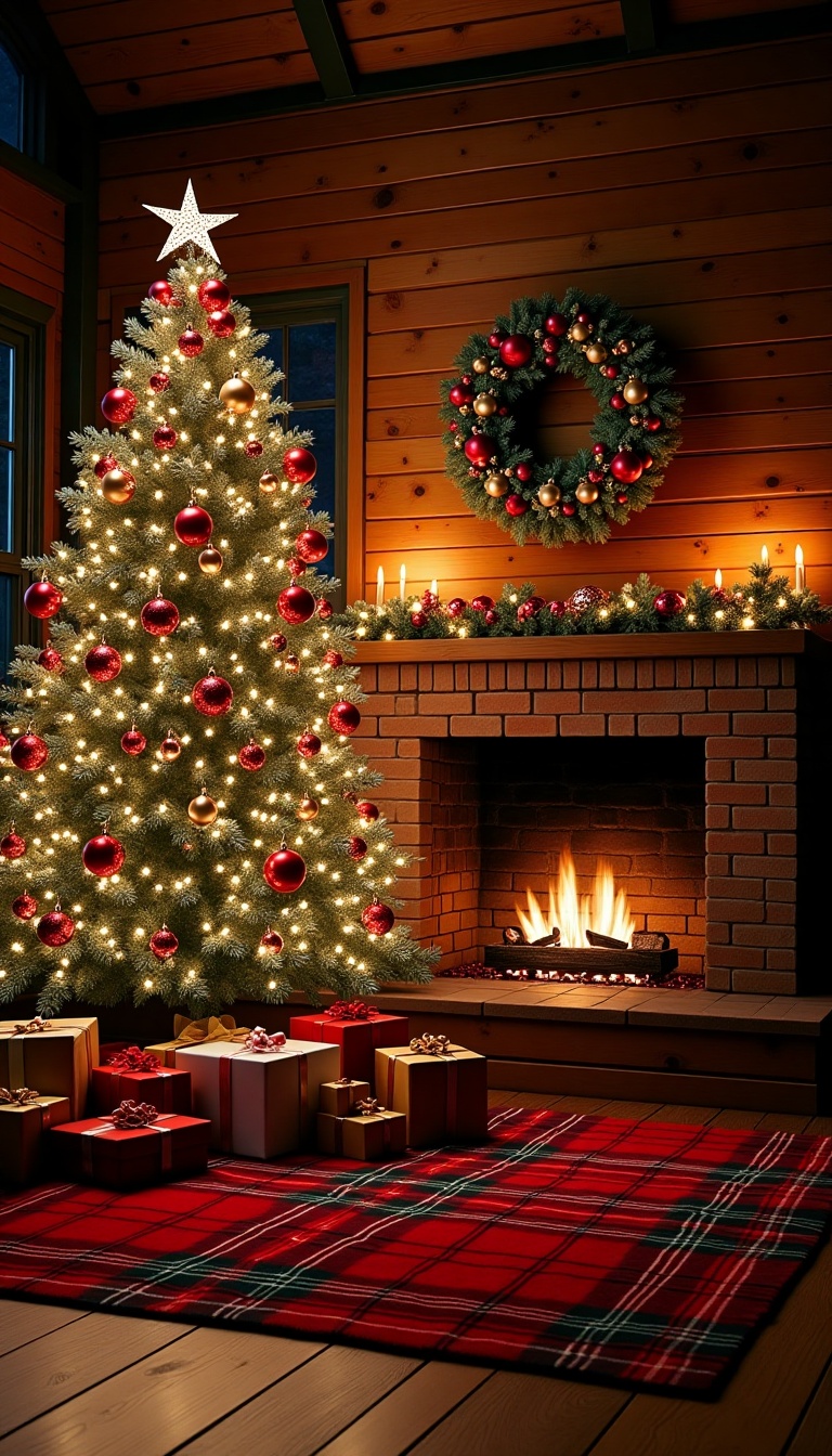 Captured from a high-angle perspective at night,  a Christmas tree is adorned with white lights and presents under it. The...