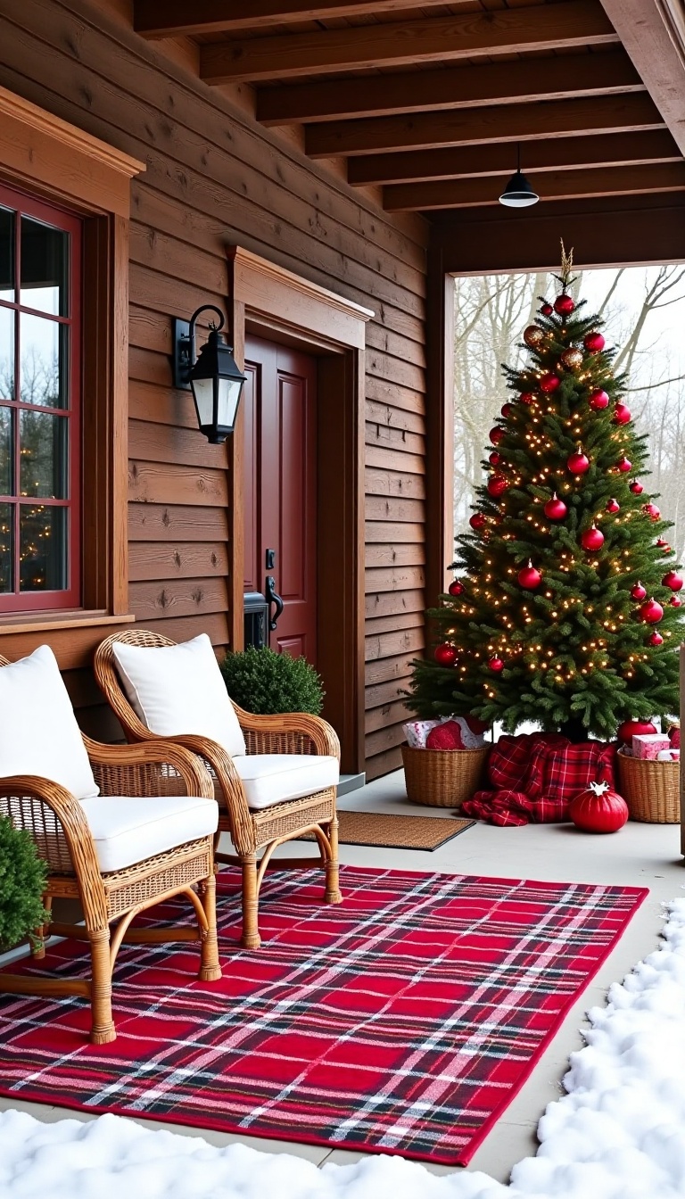 a rustic outdoor porch is adorned with a red and white plaid throw rug,  adding a touch of warmth to the scene. Adjacent t...