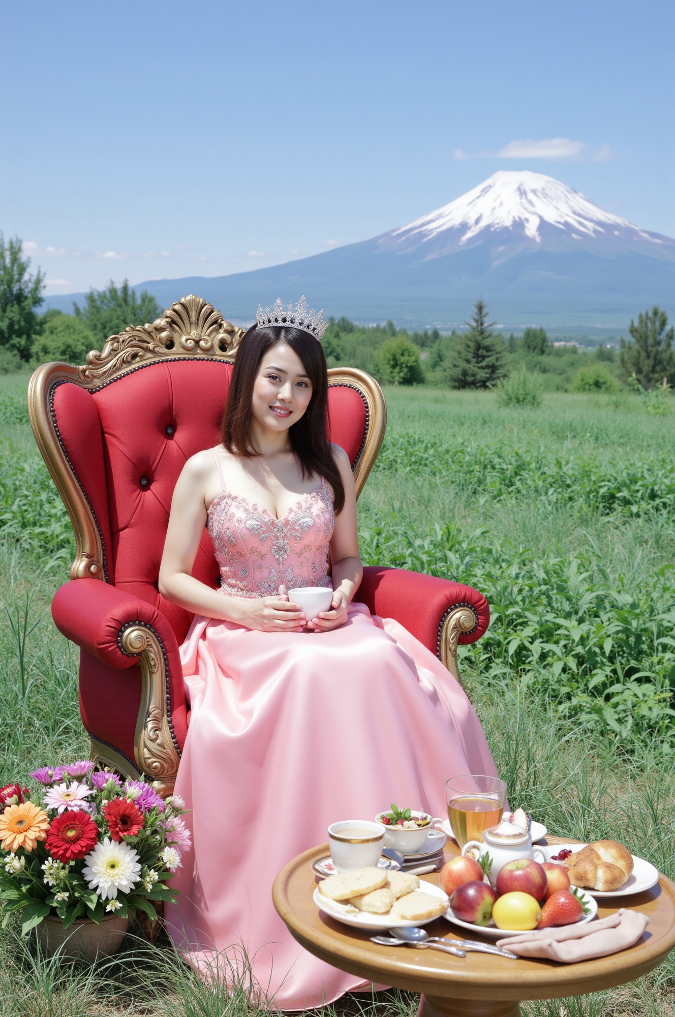 A regal princess lounges comfortably on her ornate throne,  cradling a delicate cup of steaming coffee in her hand. A lavi...