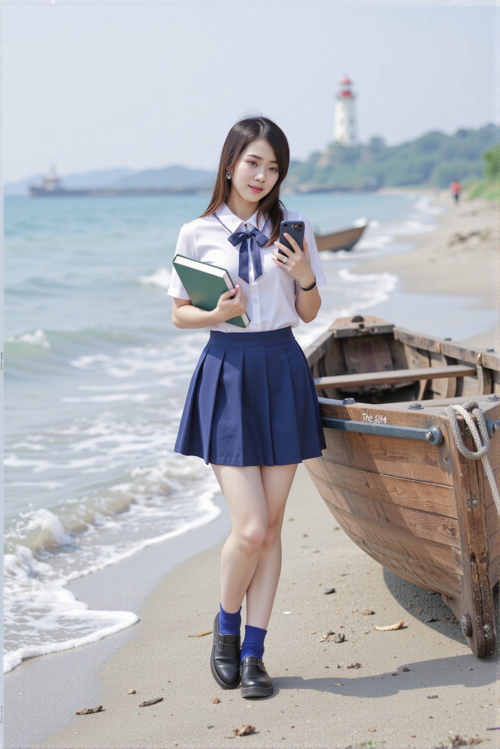 Soft morning sunlight illuminates a slender Korean woman in school uniform,  posing beside a weathered wooden boat on the...