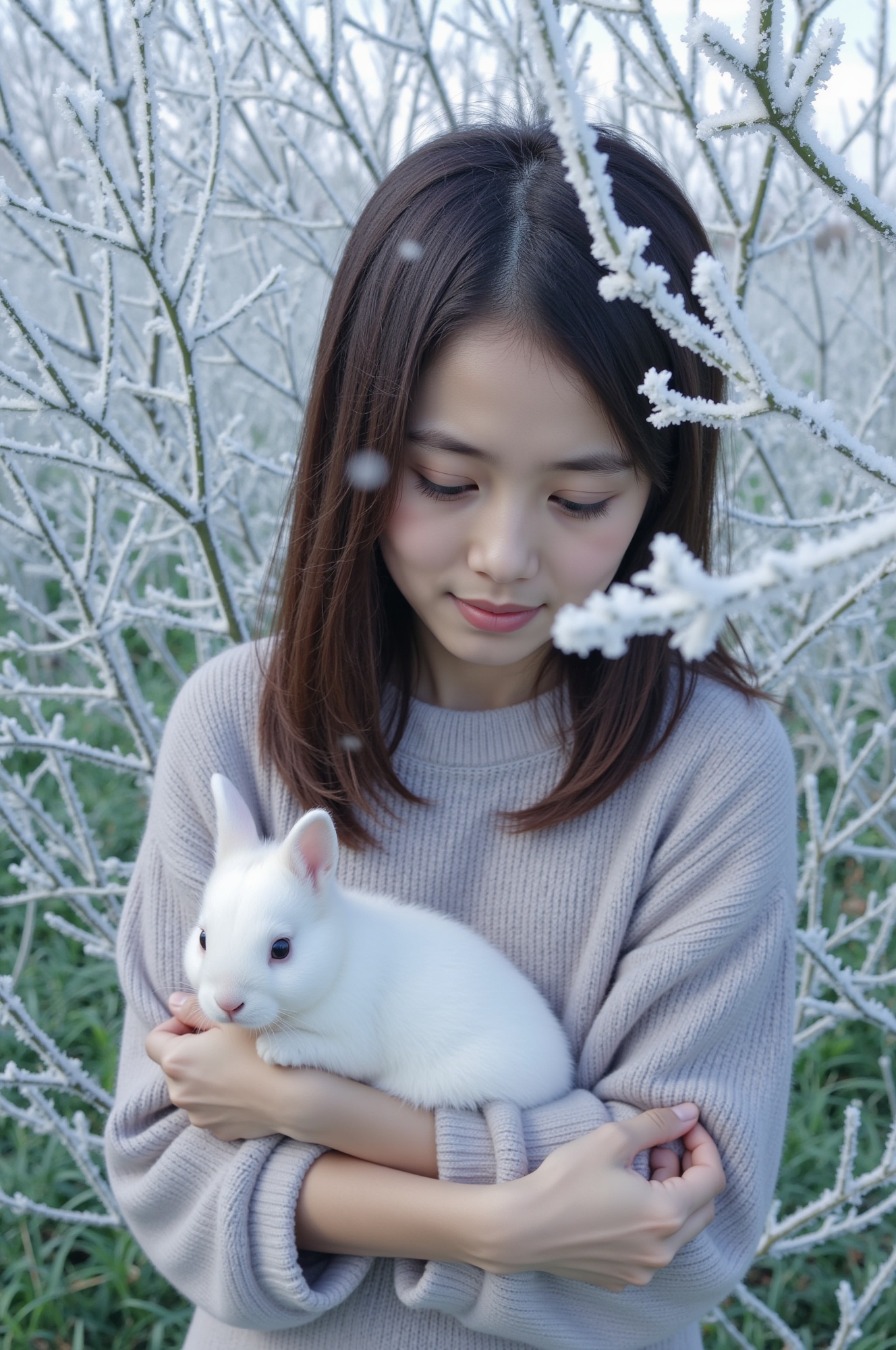 A close-up of a serene girl standing among frost-covered trees,  her dark hair framing her gentle face. Rime ice adorns ev...