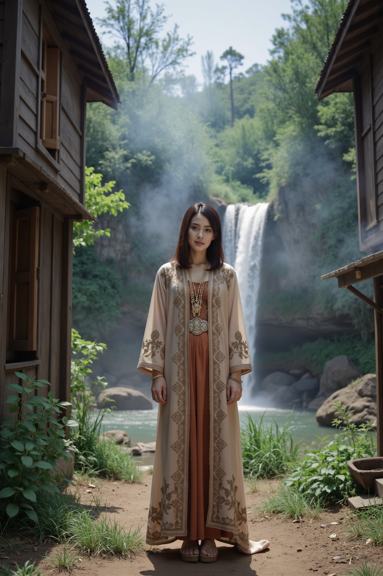 A woman clad in intricate,  embroidered robes and ornate jewelry stands amidst a haze of mystical smoke,  within the rusti...