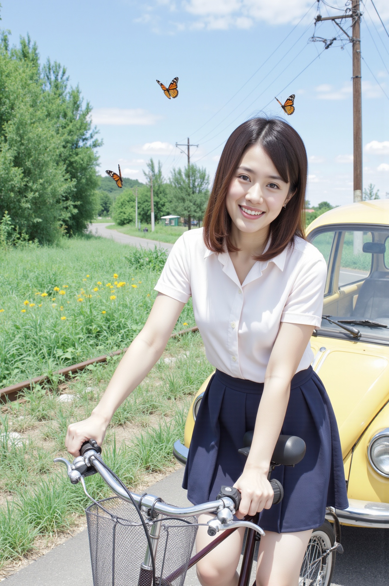 A vivid side-view close-up captures the beaming face of a Japanese schoolgirl,  her bright smile and sparkling eyes radiat...