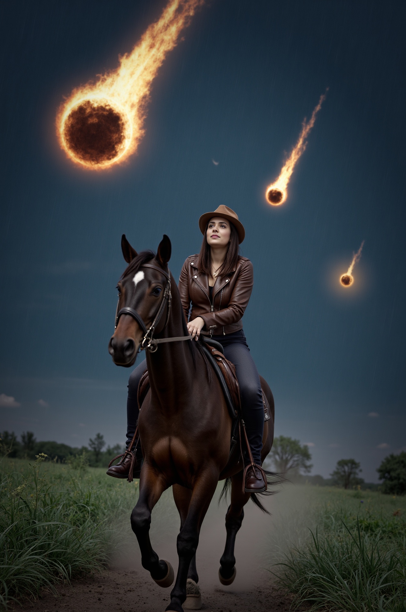 Under the stormy night sky,  an adventurer rides a galloping horse,  her face lifted upwards in terror and determination....