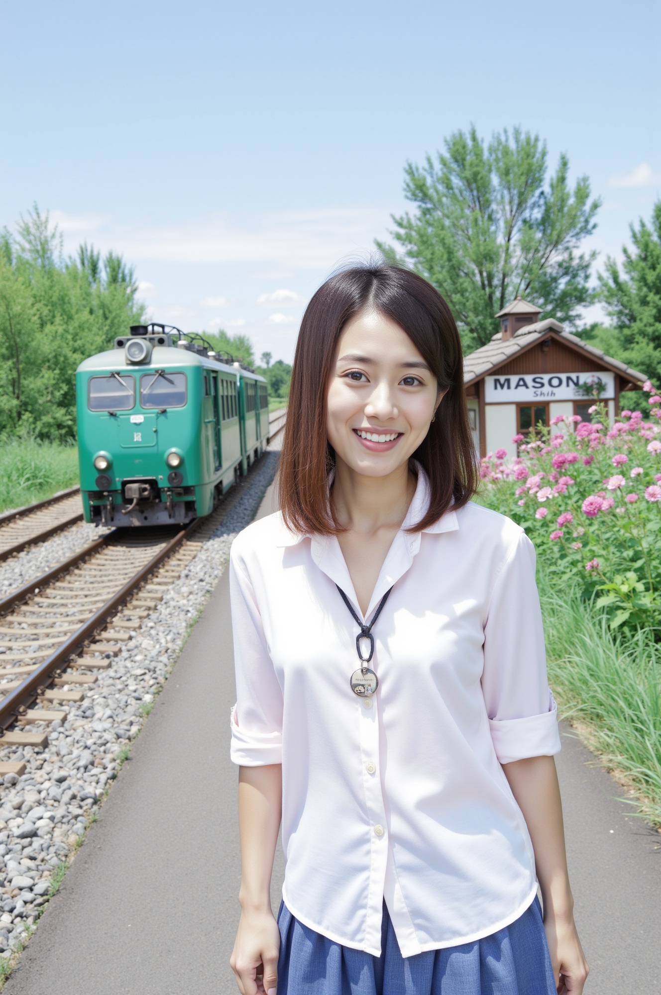 A close-up portrait of a beaming Japanese schoolgirl,  her bright smile and sparkling eyes captivating as she walks along...
