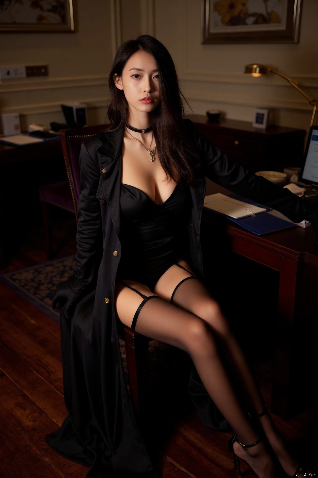 A sultry young woman sits alone in a dimly lit room with a wooden floor. Her long, dark brown hair cascades down her back as she gazes directly at the viewer, her piercing eyes captivating. She wears a black dress with a high neckline and long sleeves, its side slit showcasing her toned legs. The dress hugs her curves, accentuating her breasts beneath the flowing skirt. A delicate necklace adorns her neck, complemented by elegant black heels on her feet. A small vase rests on a wooden desk beside her, as she sits with crossed legs, one hand gently holding a computer. A single flower perches on the edge of the table, adding a touch of elegance to the intimate scene.