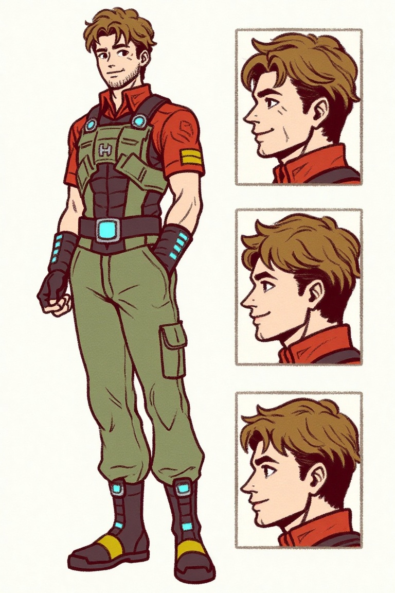 three_smaller_panels_illustration,  This image is a digital drawing featuring a stylized anime-inspired character named ma...