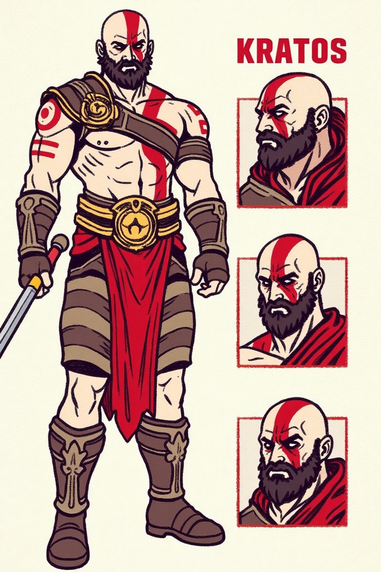 three_smaller_panels_illustration,  This image is a digital drawing featuring a stylized anime-inspired character named kr...