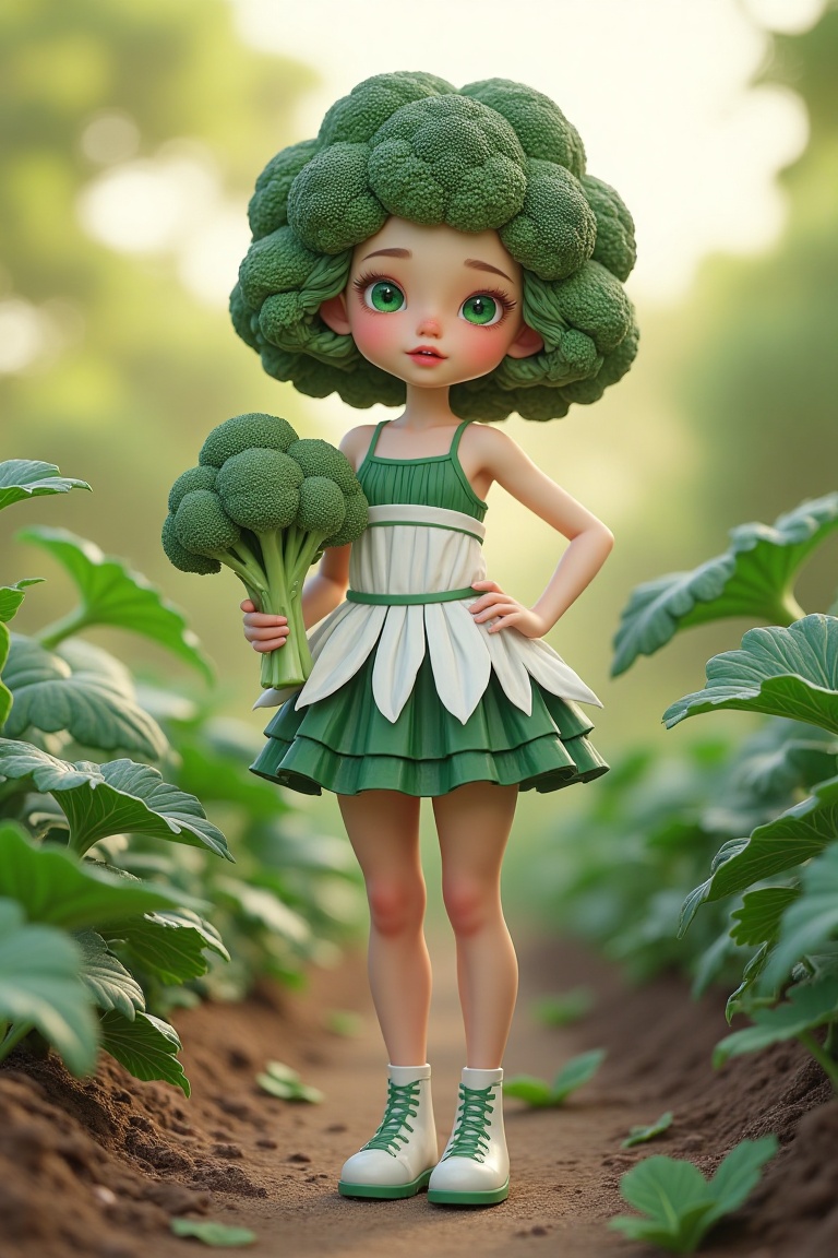 3D rendering of a broccoli girl,  standing in a vegetable garden,  soft natural lighting on Tensor.Art