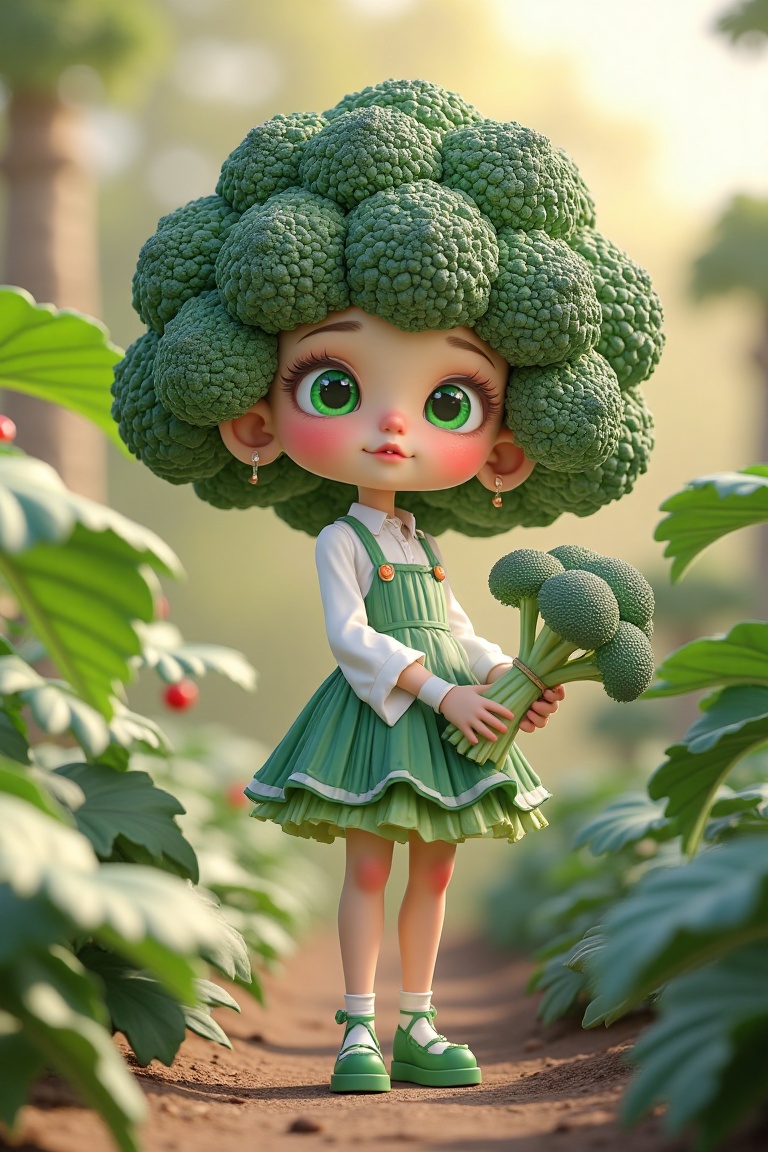 3D rendering of a broccoli girl,  standing in a vegetable garden,  soft natural lighting on Tensor.Art