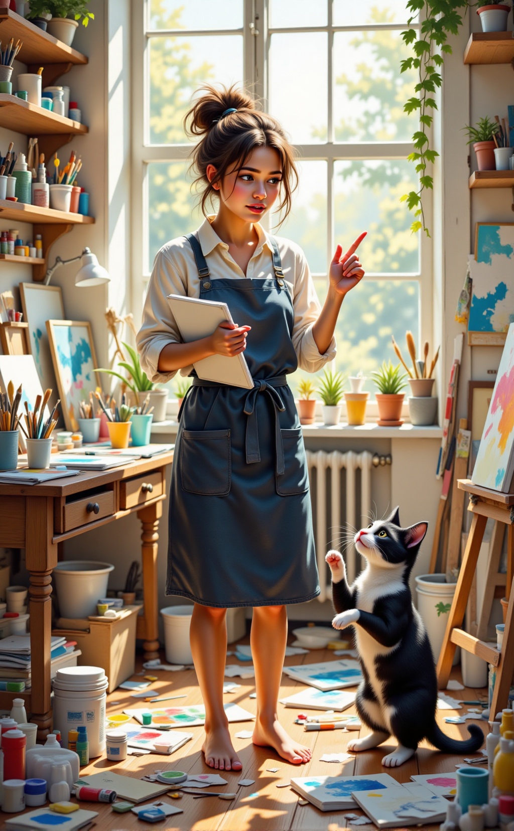A lotusphere style image. It depicts a cluttered,  colorful artist's studio filled with various art supplies and paintings...