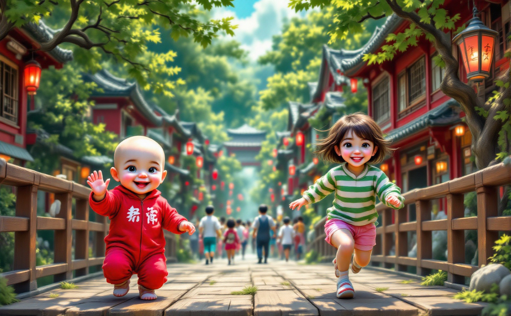 A lotusphere style image capturing a lively moment on a wooden bridge,  with two central characters in the foreground. On...