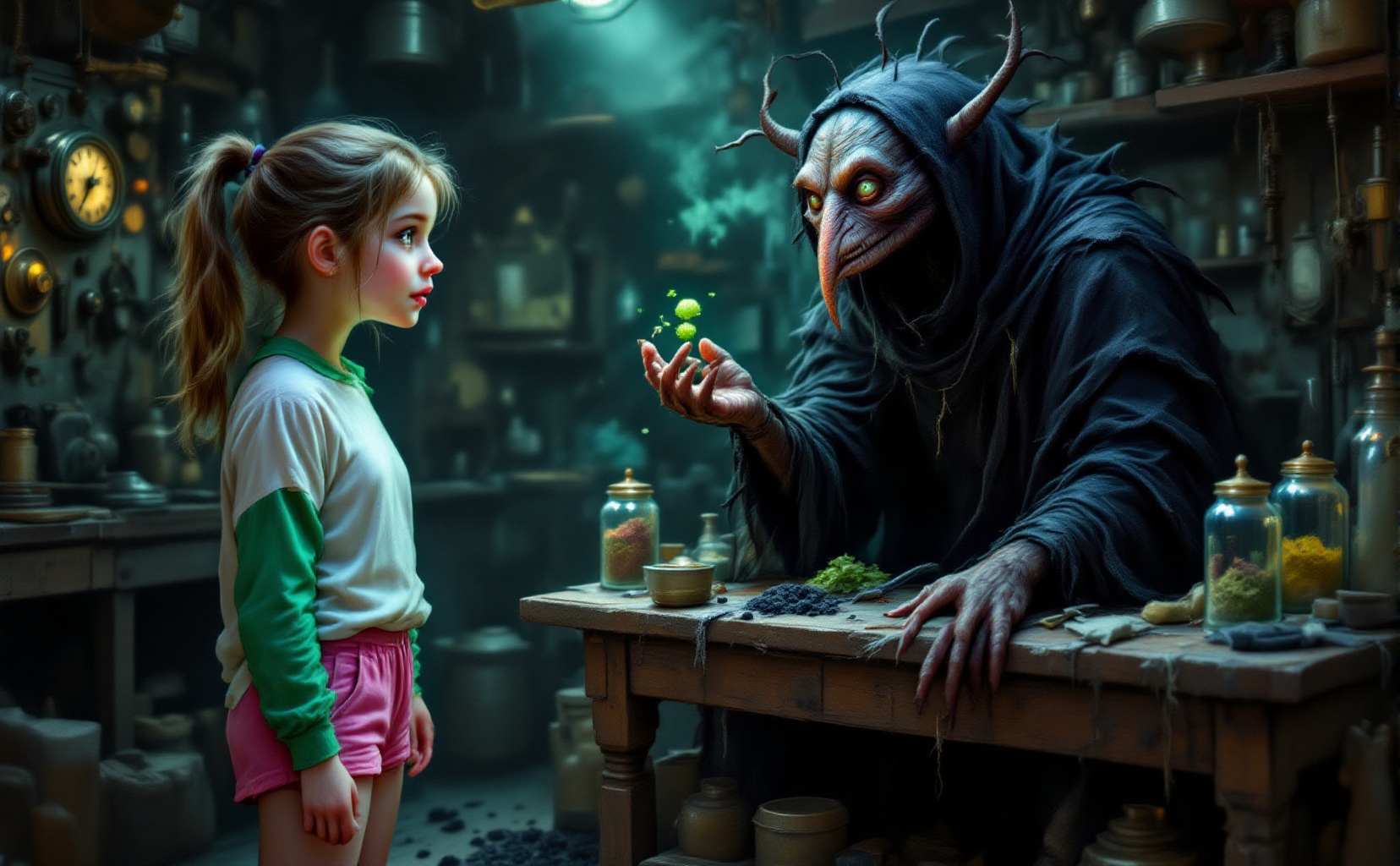 A vibrant lotusphere style image depicting a young girl and a fantastical creature in a dimly lit,  steampunk-style worksh...