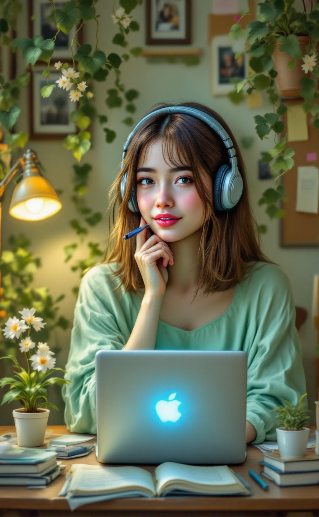 A lotusphere image depicting a serene,  cozy study room. The central figure is a young woman with fair skin and straight,...