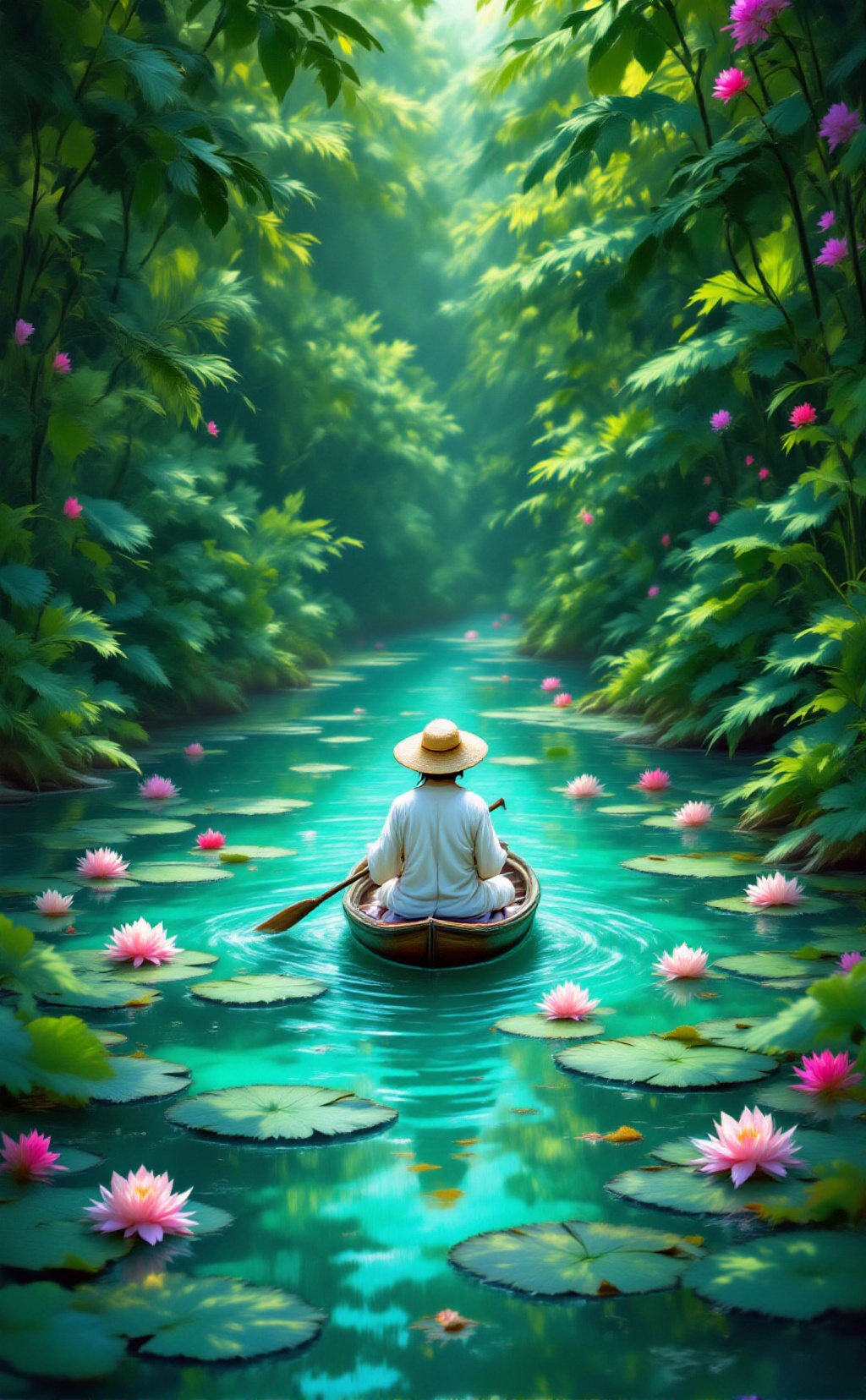 A vibrant lotusphere style image depicting a serene,  lush water scene. At the center of the image,  a small wooden boat g...