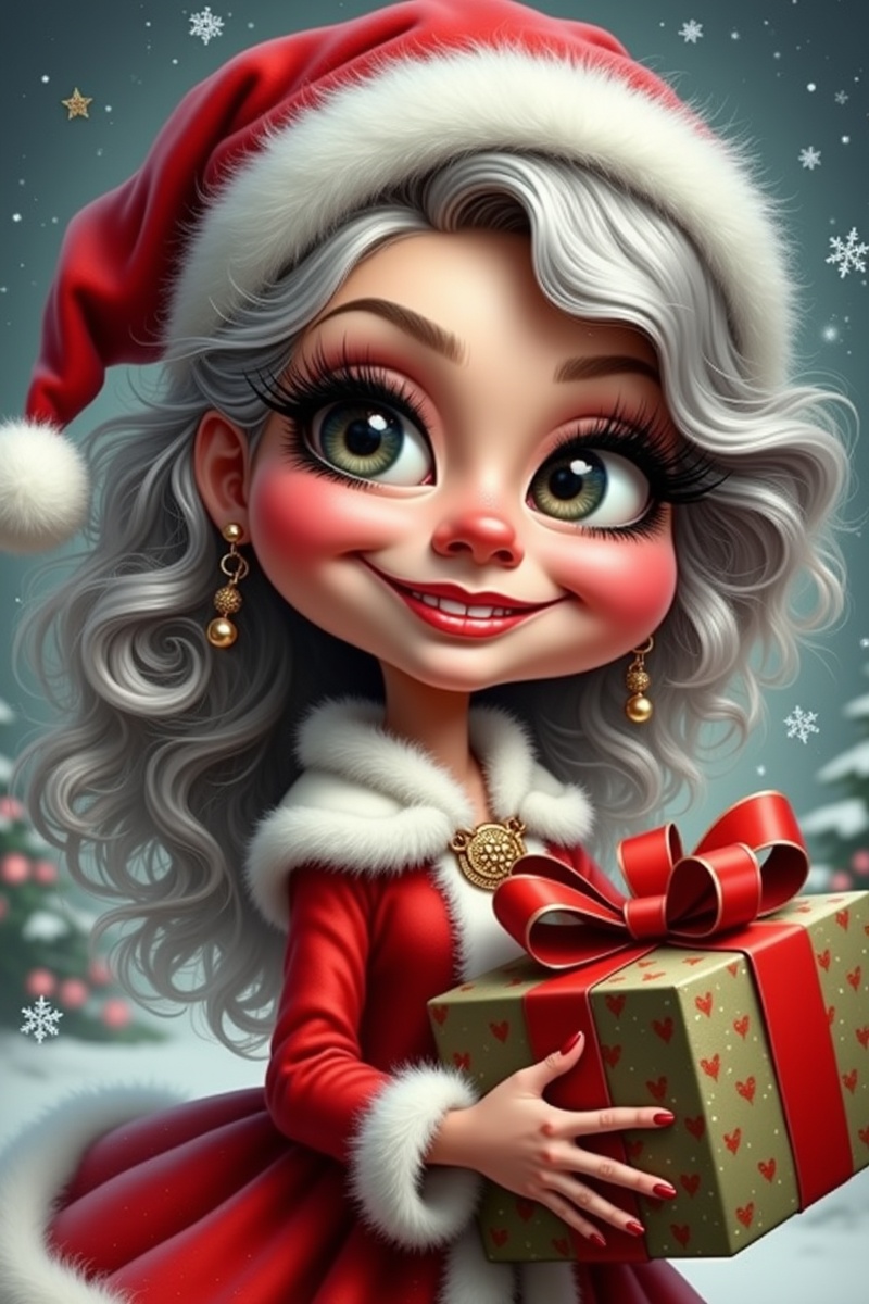 ultra-detailed illustration of a woman in a santa outfit carrying christmas presents,  woman human face,  sexy face with f...