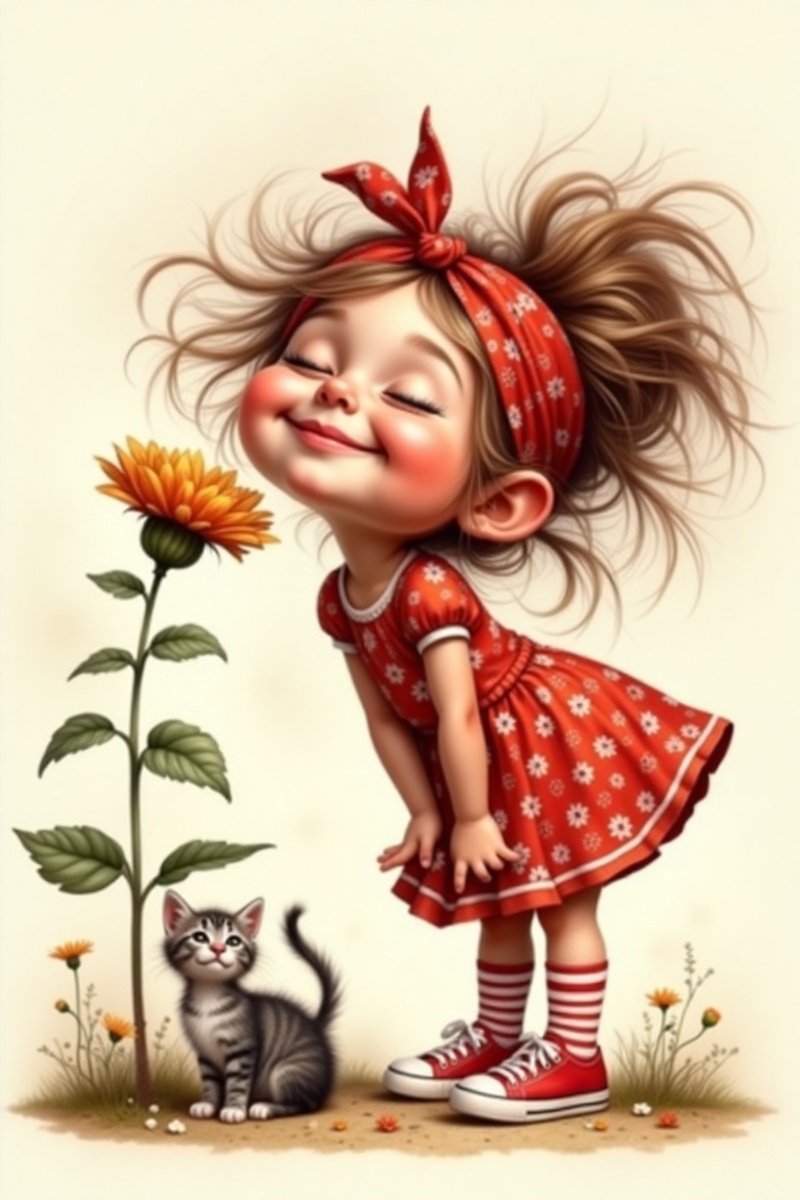 Whimsical and ultra-detailed illustration of a cheerful little girl with messy,  voluminous hair tied back with a red band...
