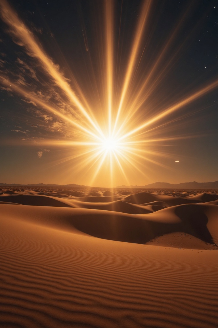 a desert masterpiece photo,  wind blows up sand,  a big huge supernova light flare in the sky on Tensor.Art