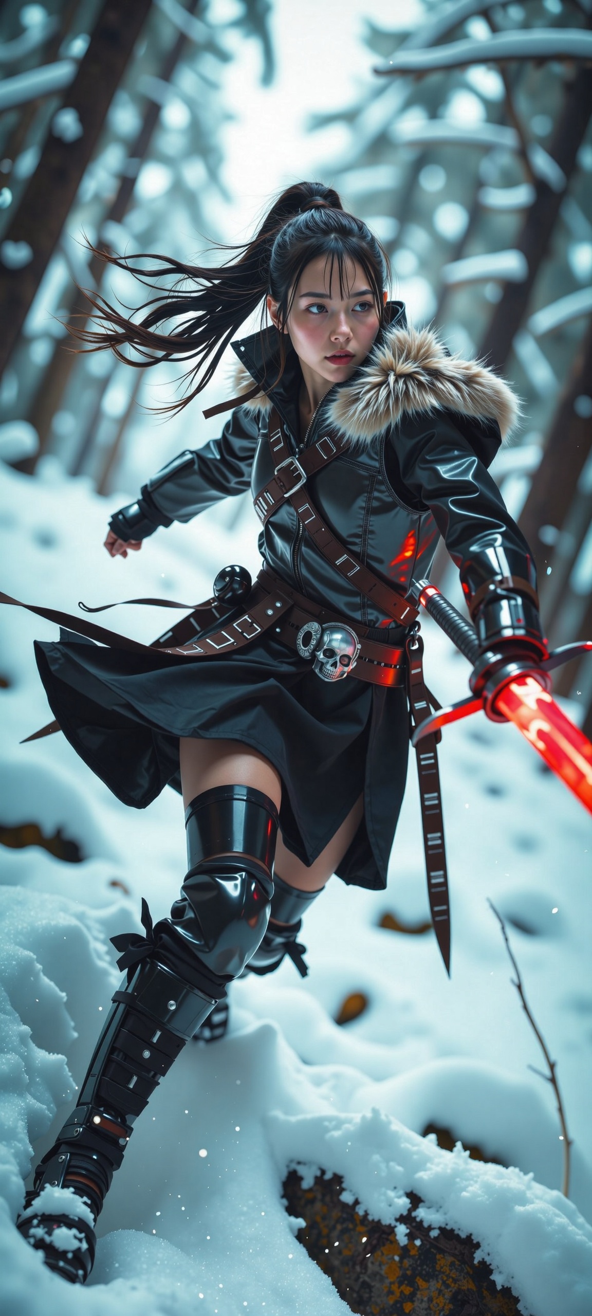A fierce Indian warrior charges forward through a blustery,  snow-laden forest,  her battered black chrome armor gleaming...