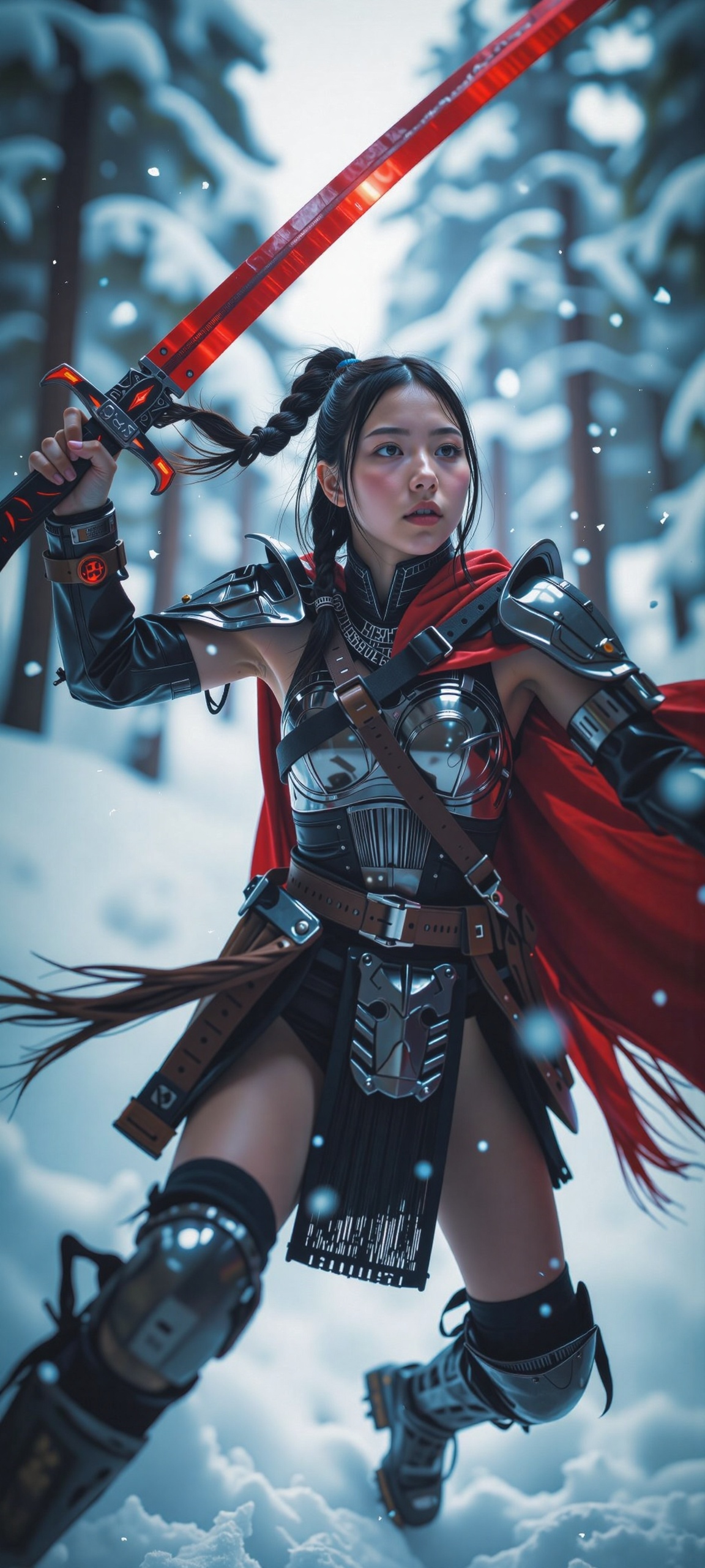 A fierce Indian warrior charges forward through a blustery,  snow-laden forest,  her battered black chrome armor gleaming...