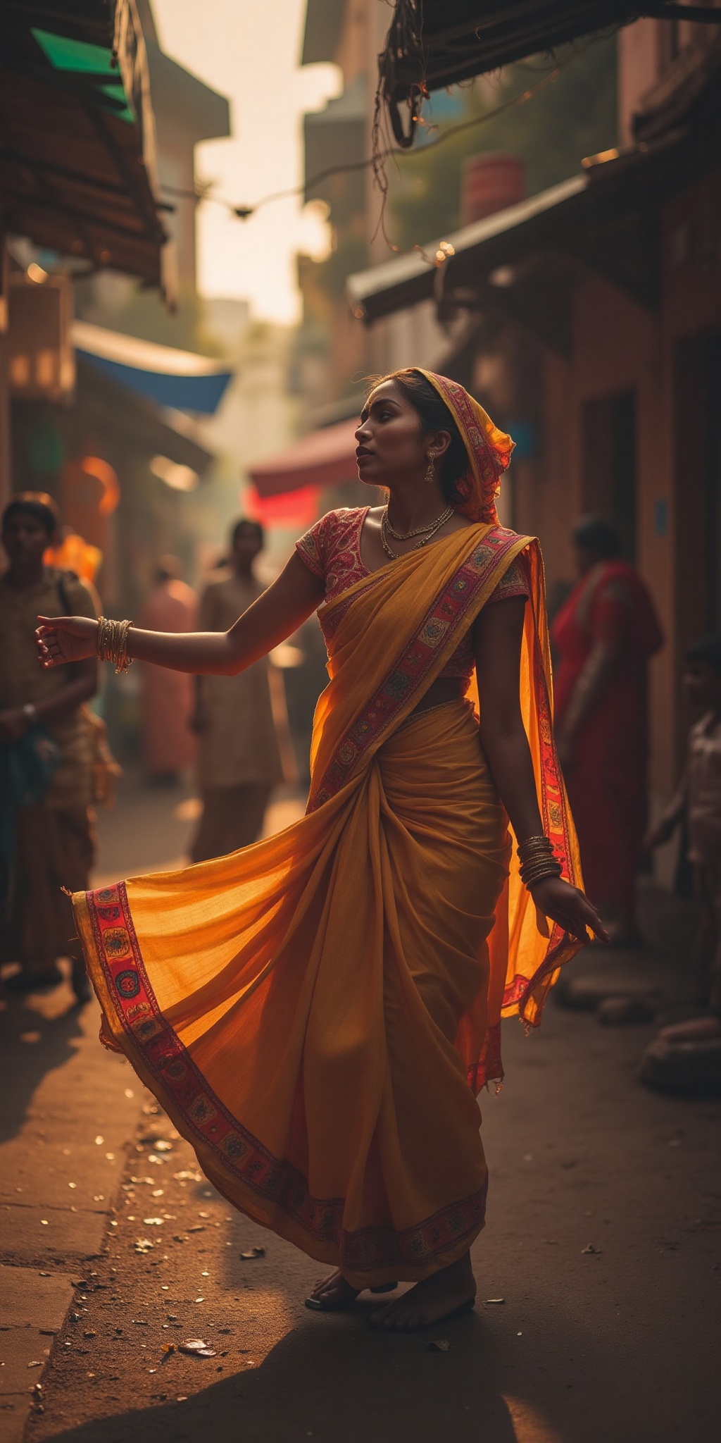 indian lady dancing on street,  This breathtaking photograph,  shot on a Canon 1DX with a 50 mm f/2.8 lens on Tensor.Art