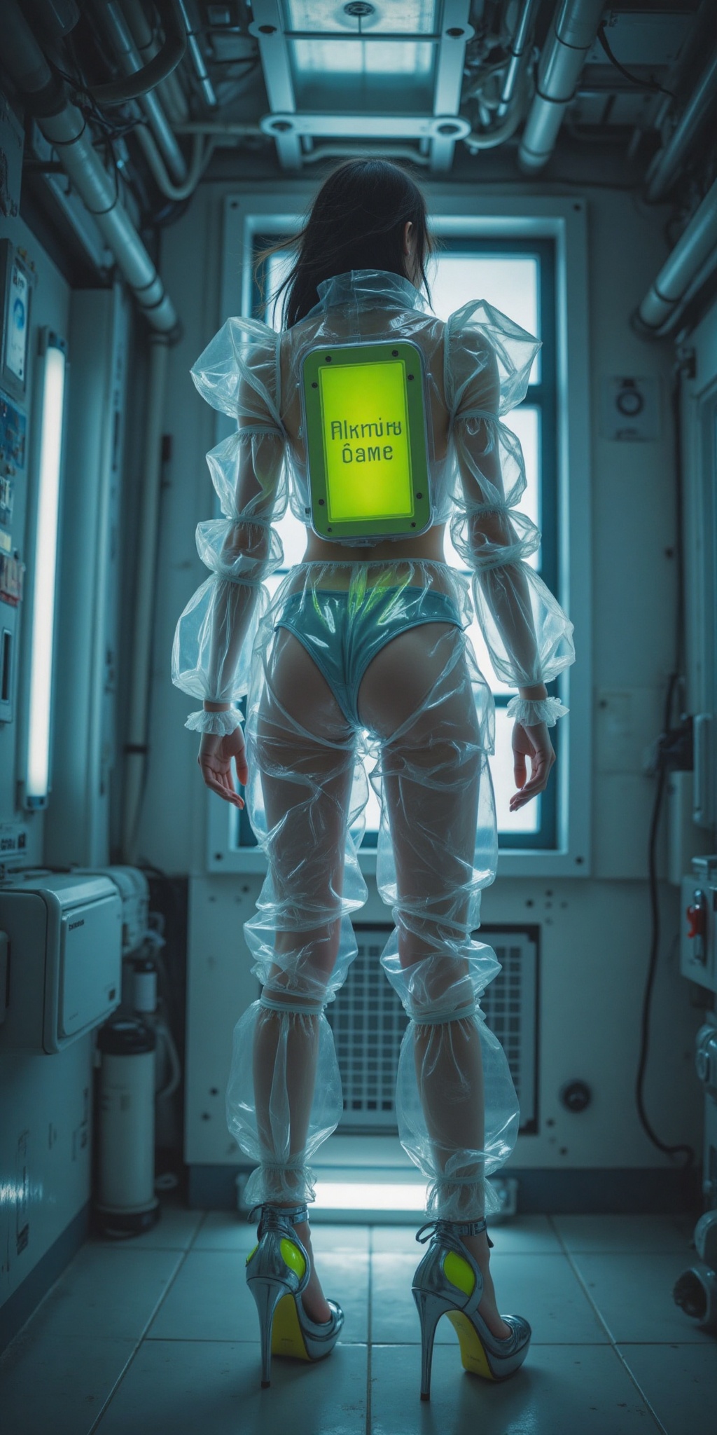 The image depicts a futuristic and avant-garde scene. A person is seen from behind,  wearing a transparent,  futuristic su...