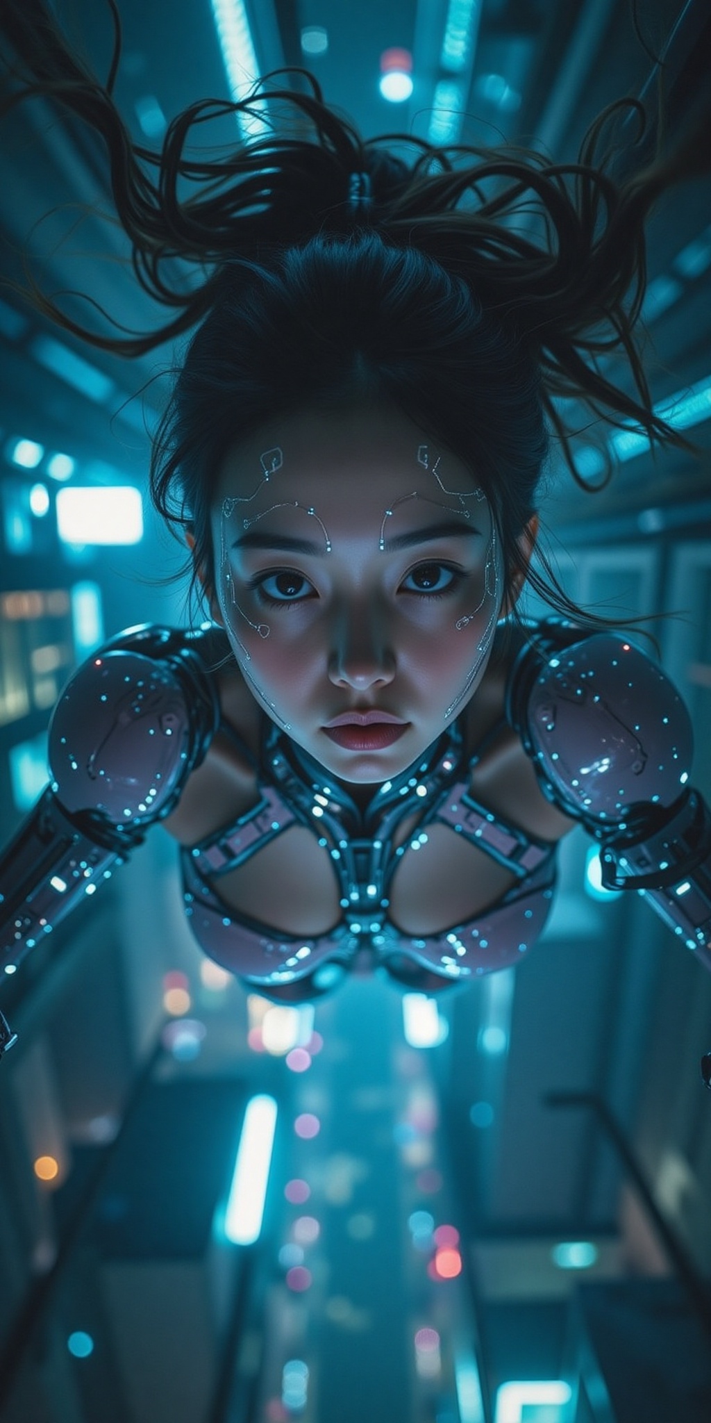 close-up face shot from directly above a floating female cyborg cosplayer,  serene expression with softly glowing eyes,  c...