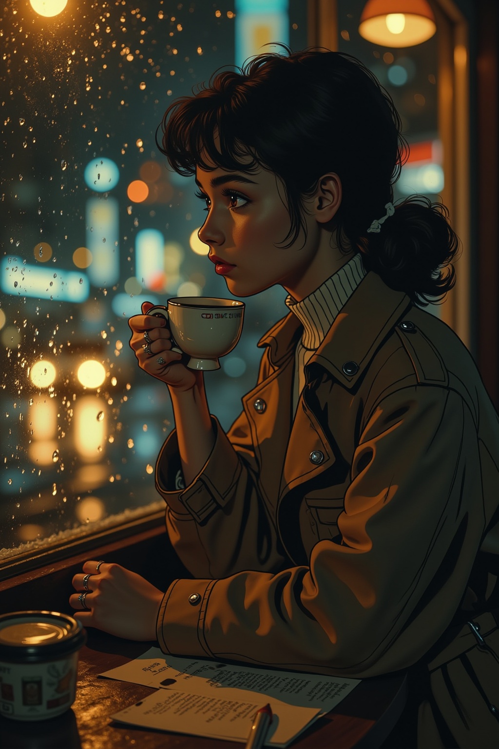"A vintage anime-style portrait of a young woman sitting by a café window on a rainy evening,  gazing at the neon-lit city...