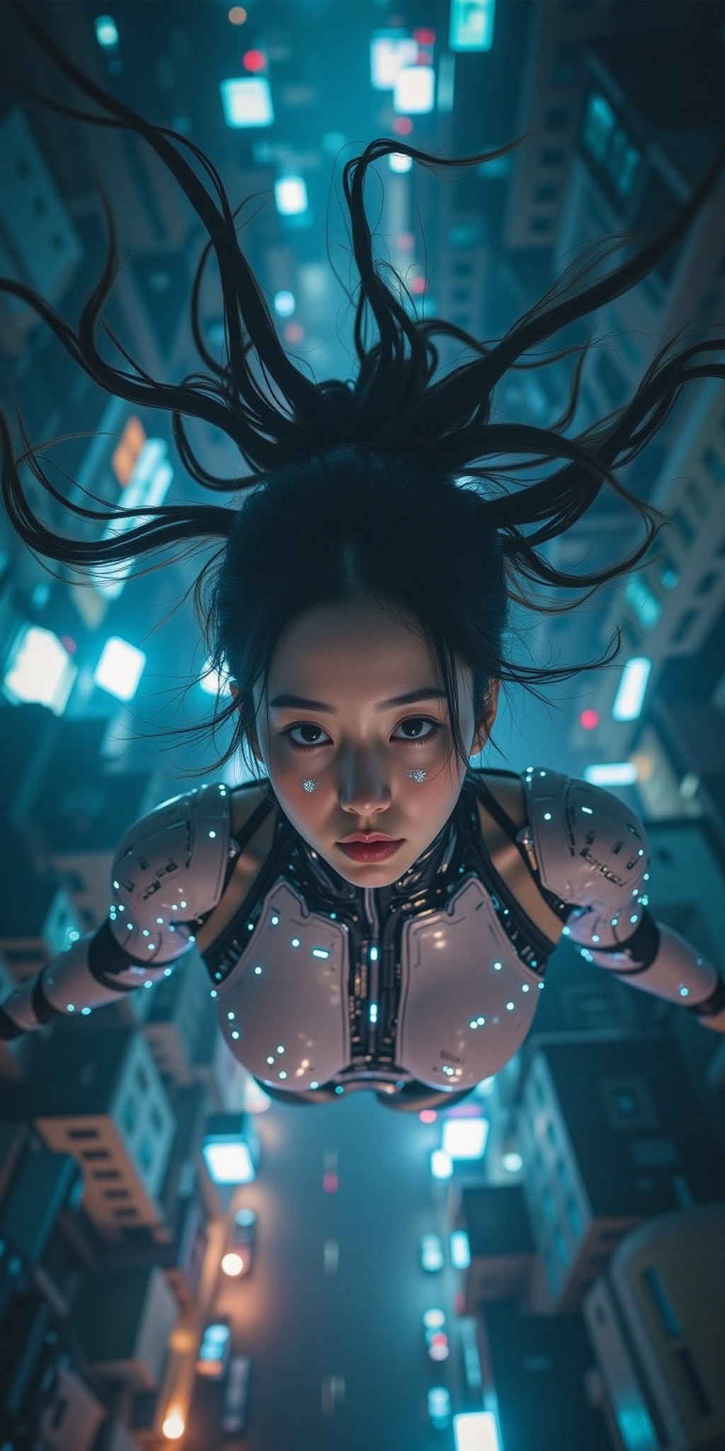 close-up face shot from directly above a floating female cyborg cosplayer,  serene expression with softly glowing eyes,  c...