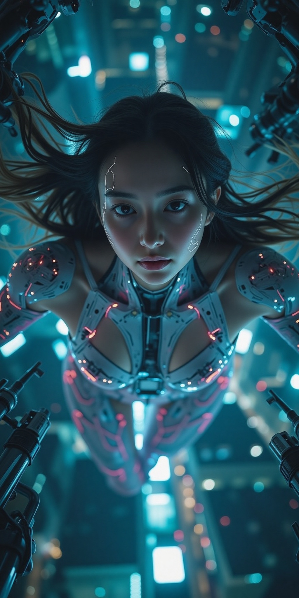 close-up face shot from directly above a floating female cyborg cosplayer,  legs down,  serene expression with softly glow...