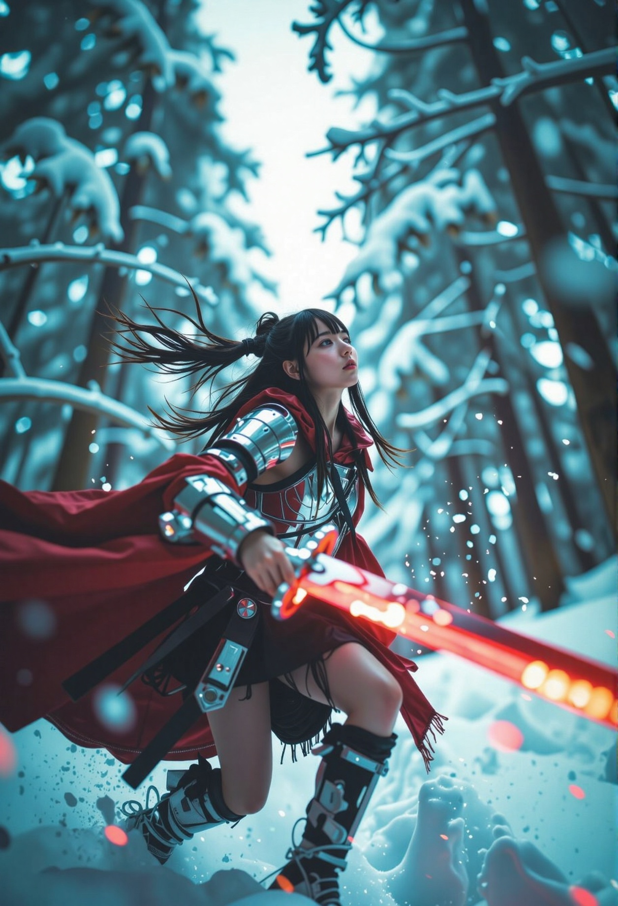 A fierce Indian warrior charges forward through a blustery,  snow-laden forest,  her battered black chrome armor gleaming...