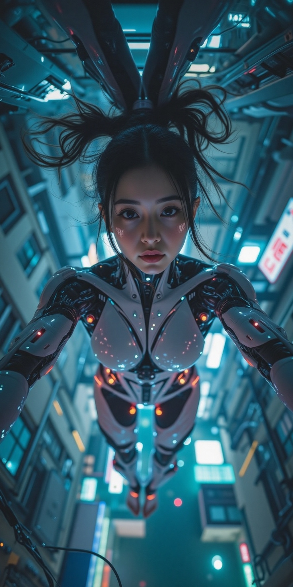 close-up face shot from directly above a floating female cyborg cosplayer,  legs down,  serene expression with softly glow...