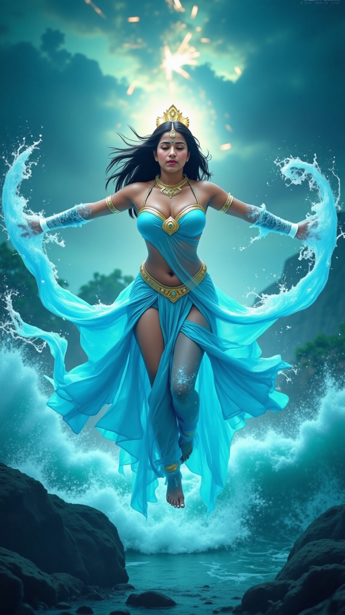 epic action pose of a female superhero inspired by an Indian goddess,  mid-air with arms extended,  controlling massive to...