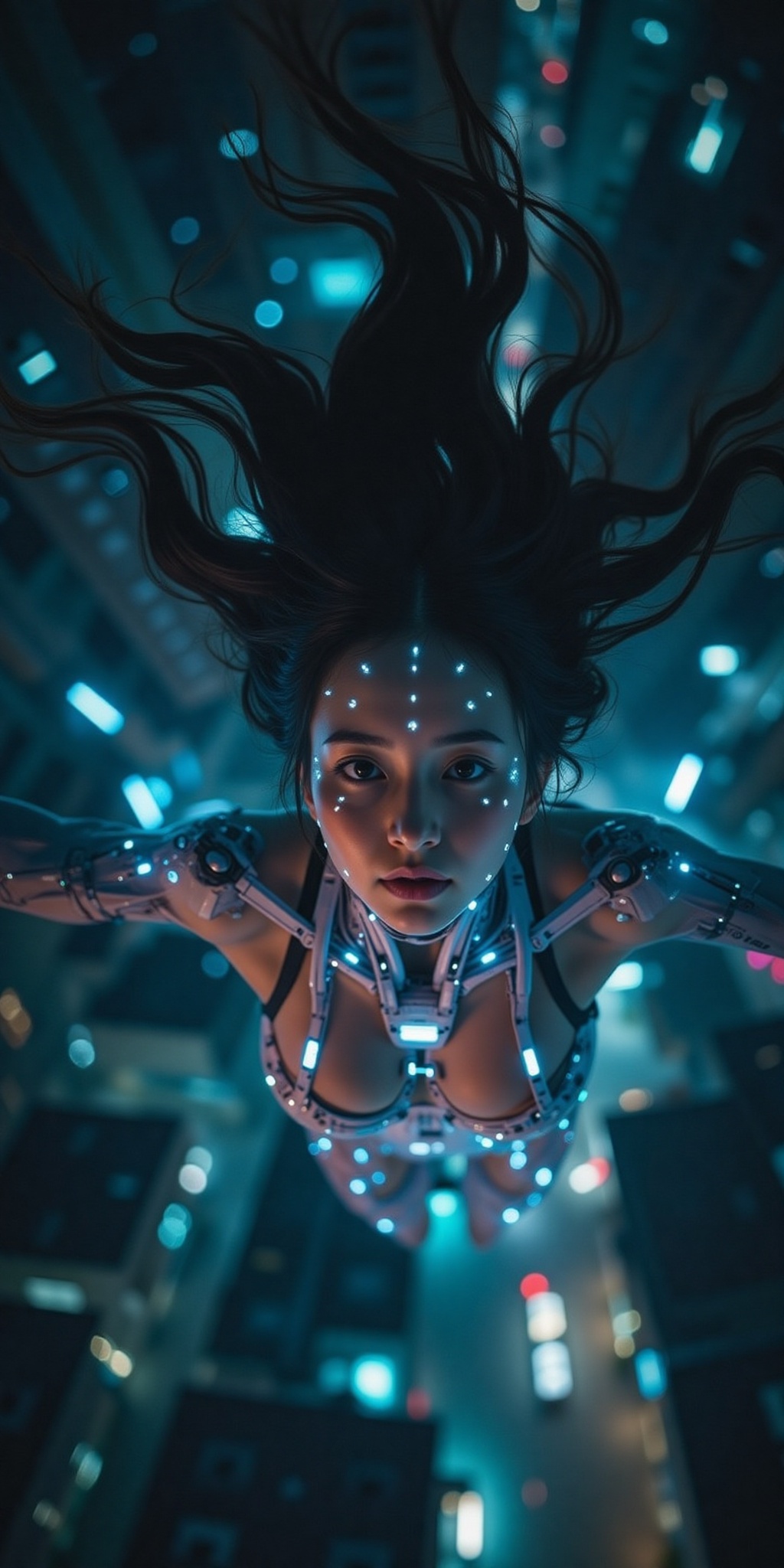 close-up face shot from directly above a floating female cyborg cosplayer,  serene expression with softly glowing eyes,  c...