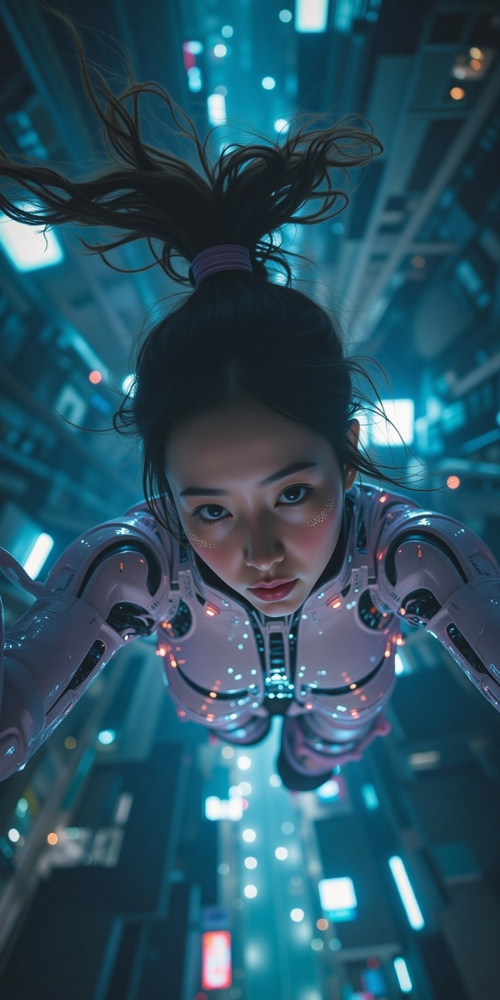 close-up face shot from directly above a floating female cyborg cosplayer,  legs down,  serene expression with softly glow...