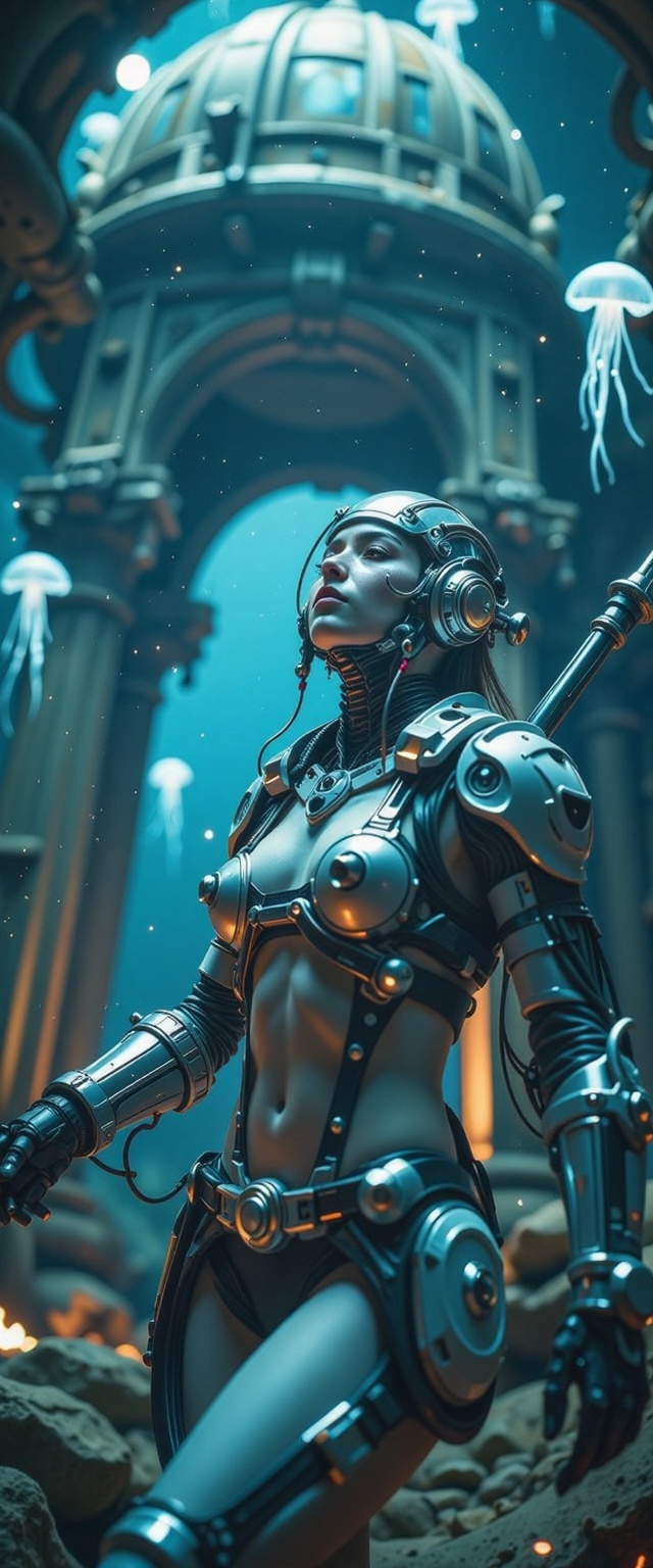 A dynamic,  cinematic shot of a blue-skinned humanoid female figure,  partially clad in metallic armor on Tensor.Art