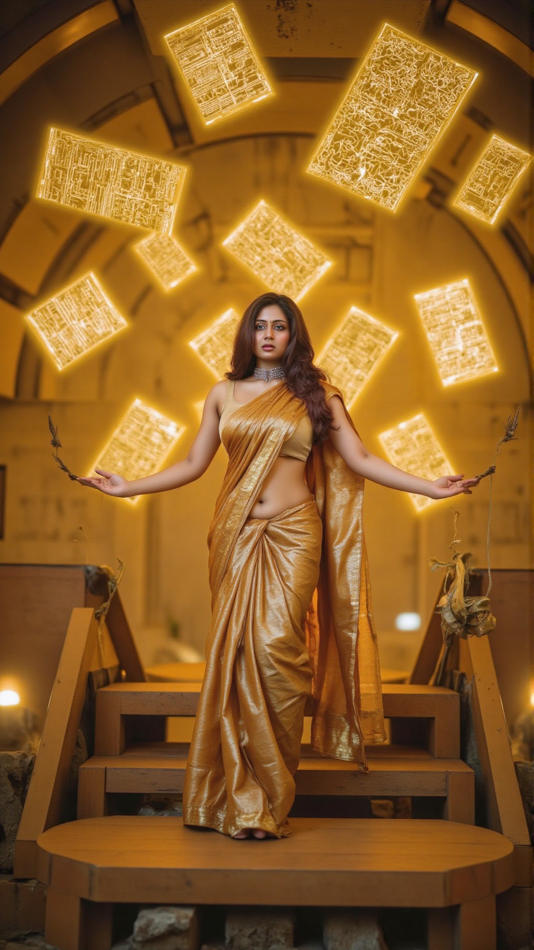 A cinematic shot of an Indian woman standing on a floating platform in a futuristic temple,  surrounded by levitating gold...