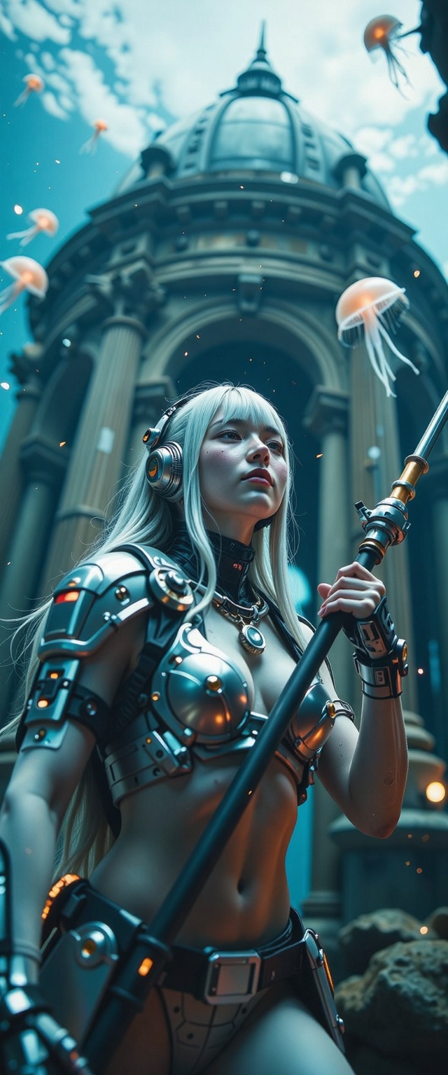 A dynamic,  cinematic shot of a blue-skinned humanoid female figure,  partially clad in metallic armor on Tensor.Art
